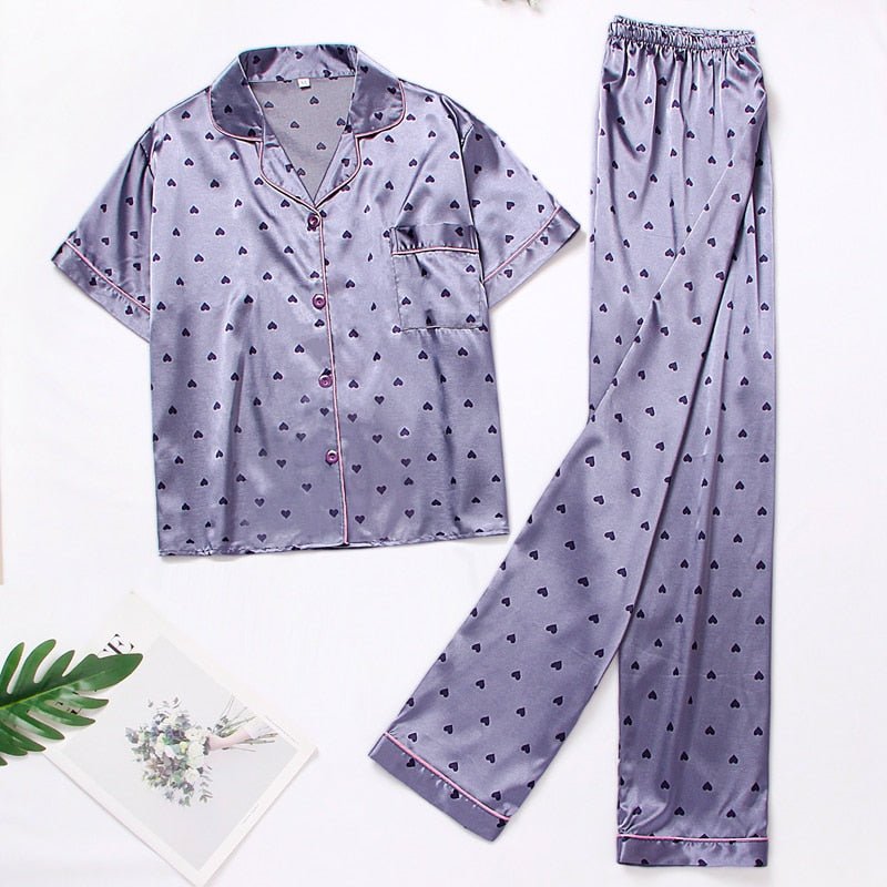 Silk Pajama Set Women 2-Piece Nightwear Tops Pants Casual Loungewear Sleepwear Fashion
