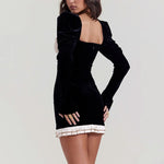 Elegant Long Sleeve Backless Sexy Mini Dress for Women Autumn Winter New Patchwork Square Collar Bodycon Club Party Dress