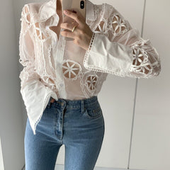 Women's Long Sleeve White Shirt Fall Spring Hollow Out Floral Embroidered Shirt Vintage Loose Tops