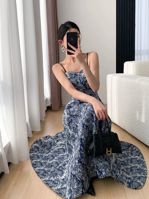 Midi Dress Women Elegant Floral Print Spaghetti Strap Slim A-Line Chic Casual Party Dress