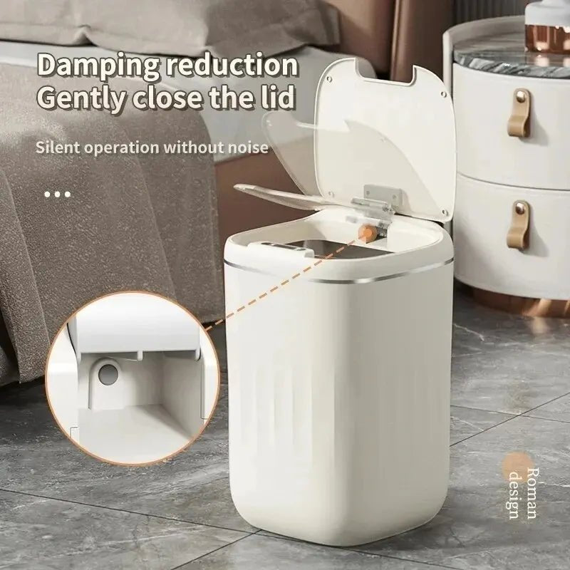 White Smart Sensor Trash Can with open lid on a gray floor, featuring damping reduction text.