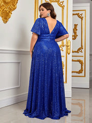 Plus Size Blue Sequins Shiny Maxi Evening Dress Elegant V-Neck Short Sleeve Loose Sparkly Gown Prom Wedding