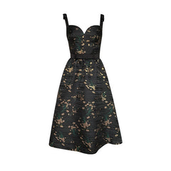 Black Floral Sleeveless V-Neck Party Midi Dress