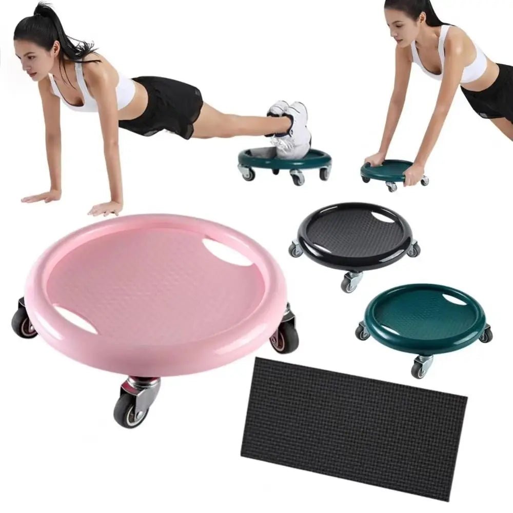 Woman using a pink balance disc with additional discs in black, green, and black on a white background.