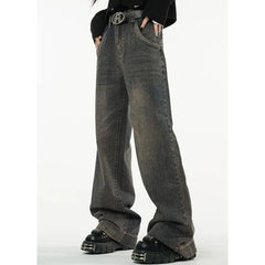 Women's Vintage Dark Blue Jeans High Waist Jeans American Streetwear Fashion Wide Leg Trousers Straight Baggy Denim Pants