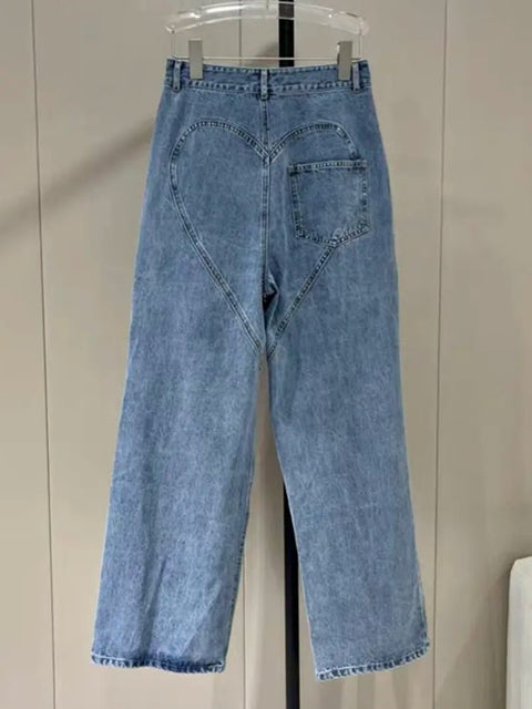 Flare Jeans Women Embroidered High Waist Patchwork Button Hollow Out Distressed Wide Leg Denim