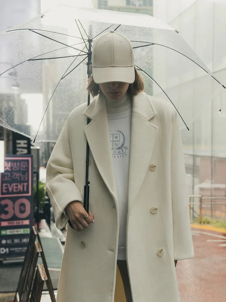 Women's Vintage Long Wool Coat With Belt Solid Double Breasted Chic Winter Overcoat