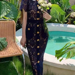 Elegant Vintage Solid Lace Hollow Out Dress For Women Summer Short Sleeve Gold Button Dress