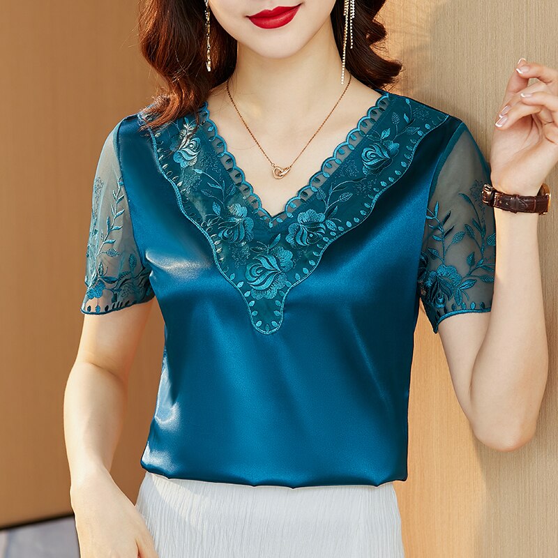 Short Sleeve Satin Lace Shirt Blouse Embroidered Stitch Elegant Tops for Women