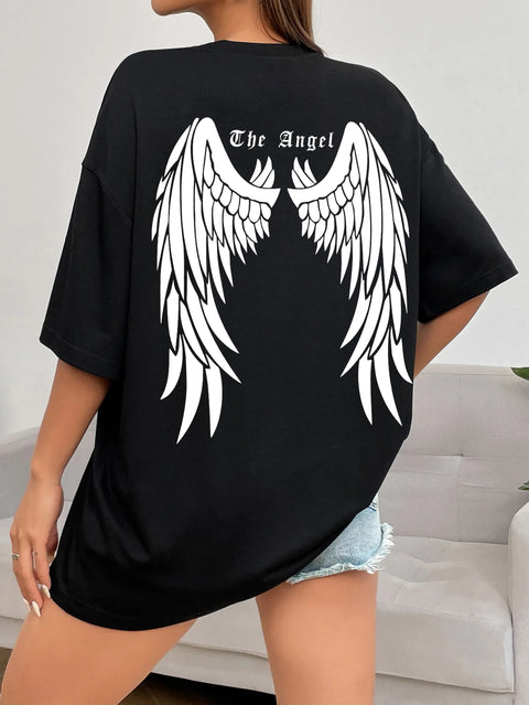 T-Shirt Women Angel Wings Graphic Oversized Hip Hop Streetwear Cotton Loose Short Sleeve Tee