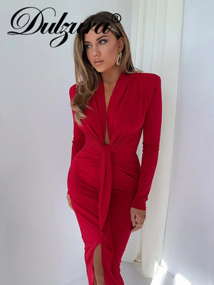 Women's Ruched Irregular Hem Dress Long Sleeve V-Neck Split Bodycon Midi Dress