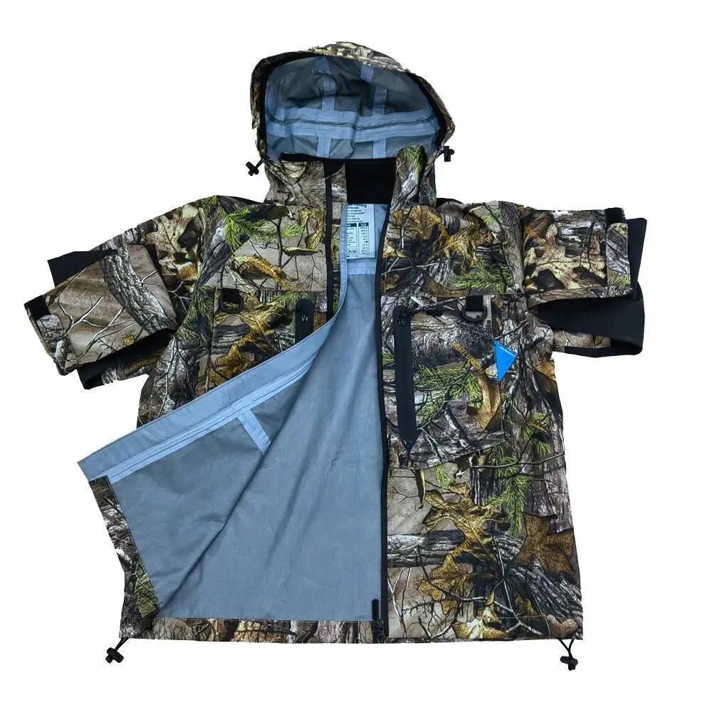 Camouflage jacket with a blue interior lining on a white background