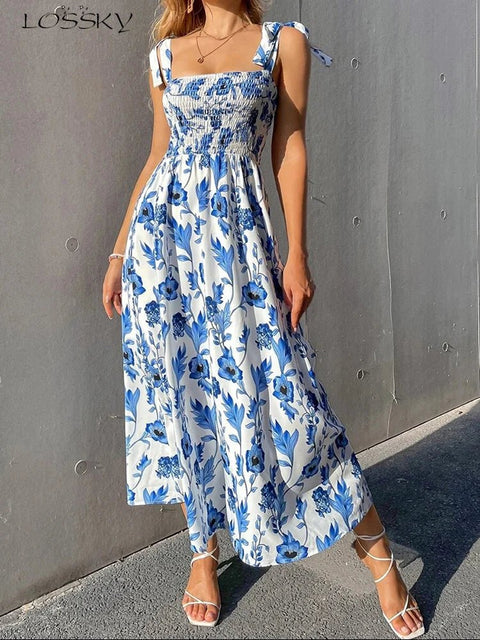 Maxi Dress Women Chic Floral Print Backless Sleeveless Bandage Beach Sundress Casual Spring Summer