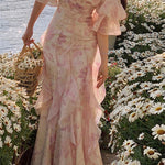 Women Fairy-core Floral Off Shoulder Chiffon Long Dress