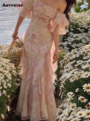 Women's Fairy-core Floral Off Shoulder Chiffon Long Dress