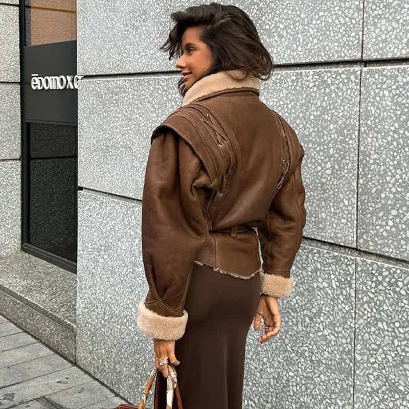 Faux Fur PU Leather Women's Jacket - Street Vintage V-Neck Long Sleeve Belt Coat, Winter Thick Patchwork Chic Hem Outwear