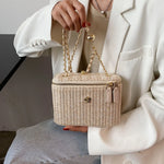 Straw Bucket Crossbody Bag - Fashion Weave Handbag with Chain Chic Shoulder Bags Purses