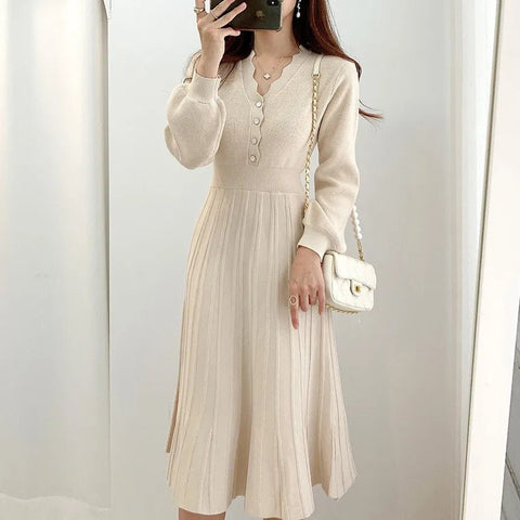 Long Sleeve Knit Midi Dress Women Vintage Pleated Elegant Party Casual Winter Fashion Dress