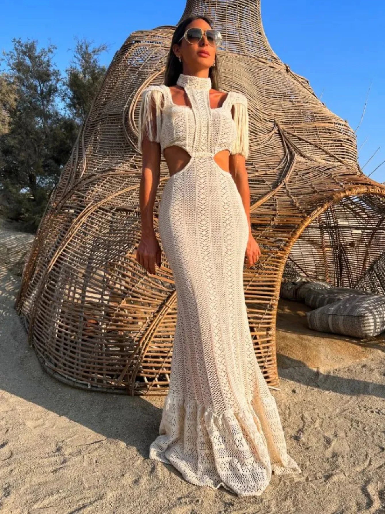 Sexy White Lace Dress Turtleneck Tassel Sleeve Slim Hollow Out Waist Long Dress Spring Summer Beach Maxi Dress