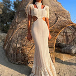 Sexy White Lace Dress Turtleneck Tassel Sleeve Slim Hollow Out Waist Long Dress Spring Summer Beach Maxi Dress