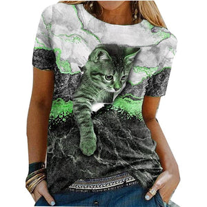 Women's 3D Cat Animal Painting T Shirt Cat Graphic Round Neck Tee