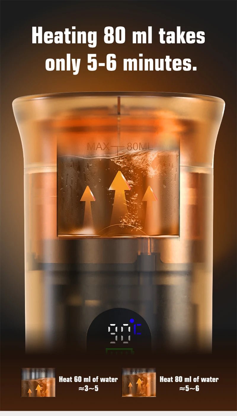 Glass container with heating indicator and digital display on a dark background