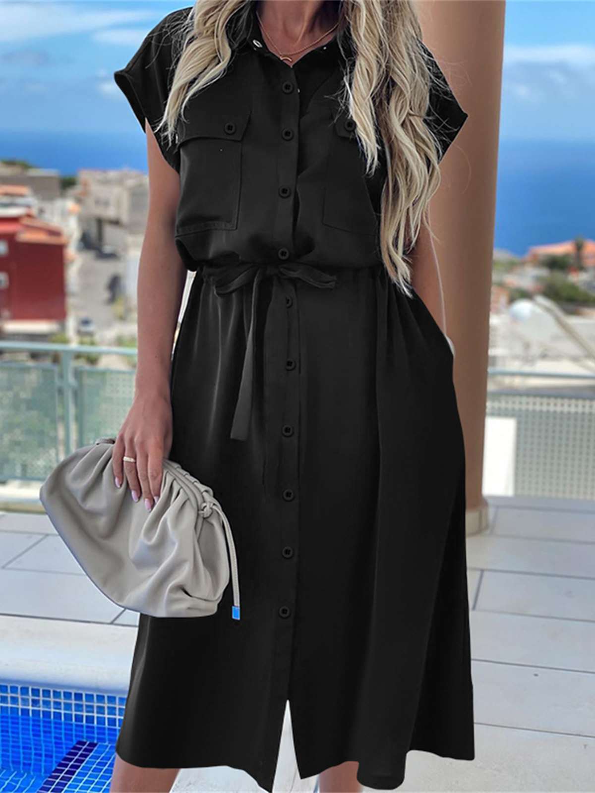 Women's Casual Spring/Summer Midi Dress Short Sleeve Button up Lapel Dress with Pockets Plus Sizes