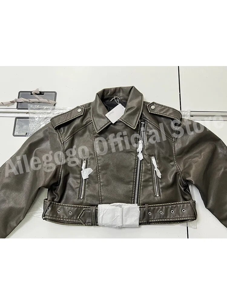 Women's Vintage Loose Faux Leather Short Jacket with Belt Biker Style Retro Jacket