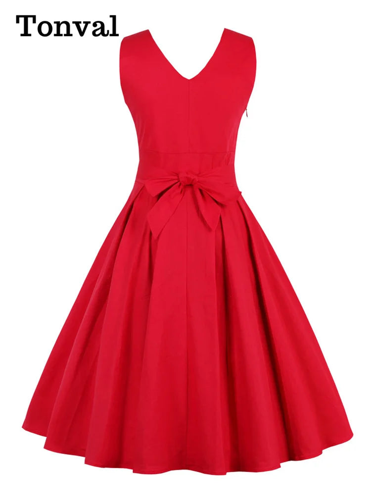 Red Pleated Plain Solid Vintage Dress Wrap V-Neck Belted Elegant Party Retro Spring Summer Dresses