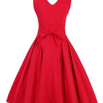 Red Pleated Plain Solid Vintage Dress Wrap V-Neck Belted Elegant Party Retro Spring Summer Dresses