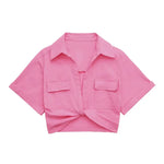 Women's Safari Style Cropped Shirt with Pockets Patch Knotted Short Blouse Chic Cropped Shirt Tops