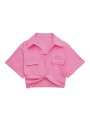 Women's Safari Style Cropped Shirt with Pockets Patch Knotted Short Blouse Chic Cropped Shirt Tops