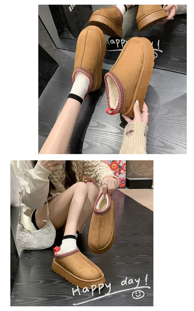 Warm Plush Interior Winter Shoes for Women Winter New Cashmere Warm Thick Sole Low Boot Half Slipper Shoe w/ Fur Lining