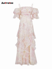 Women's Fairy-core Floral Off Shoulder Chiffon Long Dress
