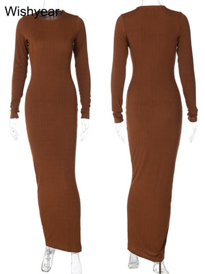 Elegant Knitted Ribbed Evening Dresses For Women Sexy Skinny Long Sleeve Party Dress