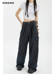 Women's Y2k Cargo Baggy Blue Jeans Streetwear Hip Hop Oversized Casual Wide Leg Vintage Demin Pants Loose Trousers