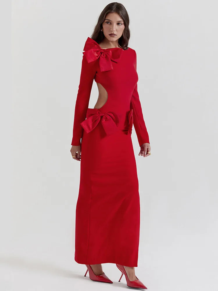 Elegant Backless Sexy Maxi Dress with Bows For Women Fashion Red O-Neck Long Sleeve Bodycon Club Wedding Party Prom Long Dress New