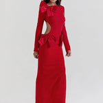 Elegant Backless Sexy Maxi Dress with Bows For Women Fashion Red O-Neck Long Sleeve Bodycon Club Wedding Party Prom Long Dress New