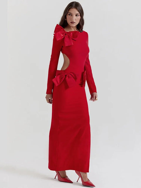 Maxi Dress Women Elegant Backless Bow Red O-Neck Long Sleeve Bodycon Club Wedding Party Prom Dress