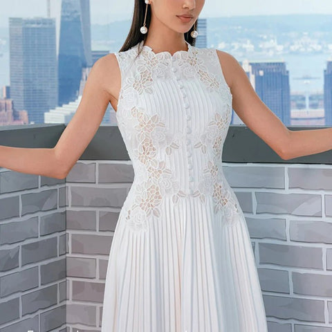 Midi Dress Women Flower Embroidered White Lace Sleeveless Pleated Chiffon Wedding Party Prom Summer