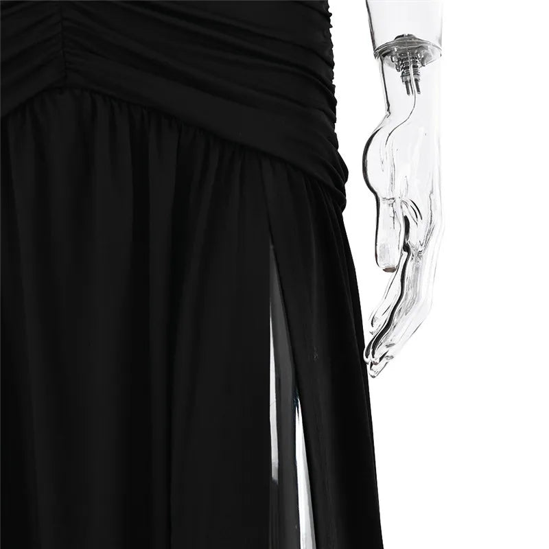 Elegant Halter Maxi Dress with High Slit in Deep Burgundy Black & White Colors