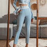 Women's Designer 2 Piece Pant Suit Flare Sleeve Hollow Out Lace Trimmed Top & Slim Pencil Pants Set