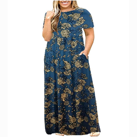 Plus Size Floral Print Maxi Dress Women Short Sleeve Loose Casual Beach Vacation Summer L-5XL