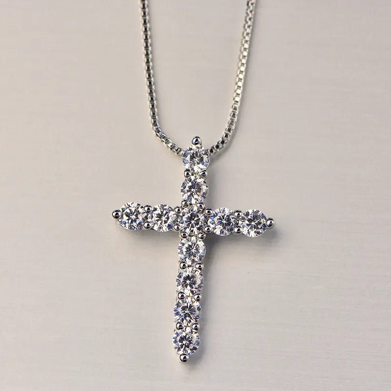 925 Sterling Silver Chain Necklace with Cross Pendant Box Chain Shiny Crystal Classic Cross For Unisex Fashion Jewelry Gifts