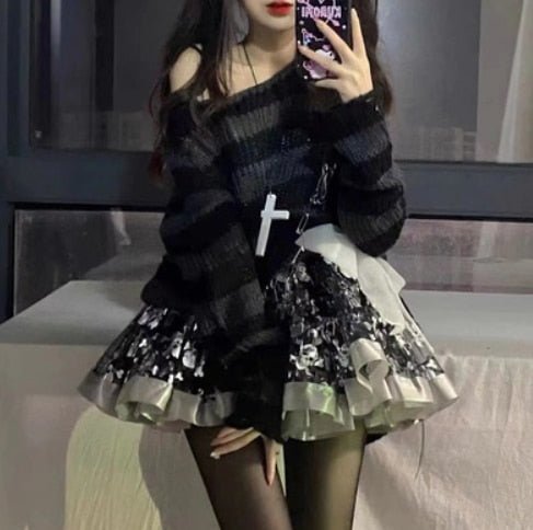 Striped Gothic Sweater Unisex Long Loose Hollow Out Hole Distressed Cool Streetwear Fashion