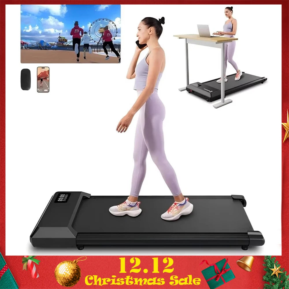 Woman using a treadmill with promotional text for a 12.12 Christmas Sale.