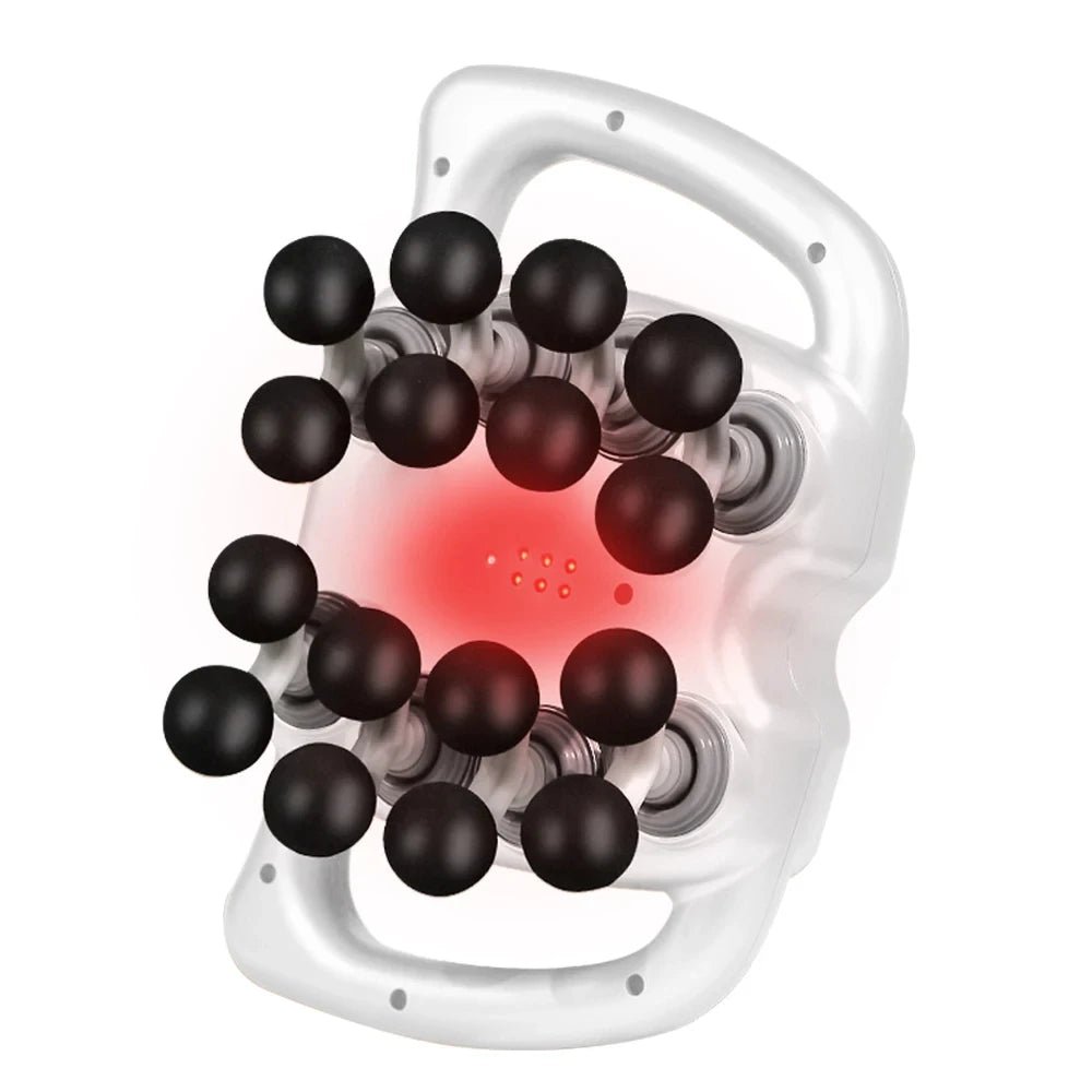 White handheld 16 head massager with black and red components on a white background