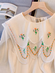 White Embroidered Half-Sleeve Dress Pete Pan Collar Mesh Fabric Floral Chic Loose Dress