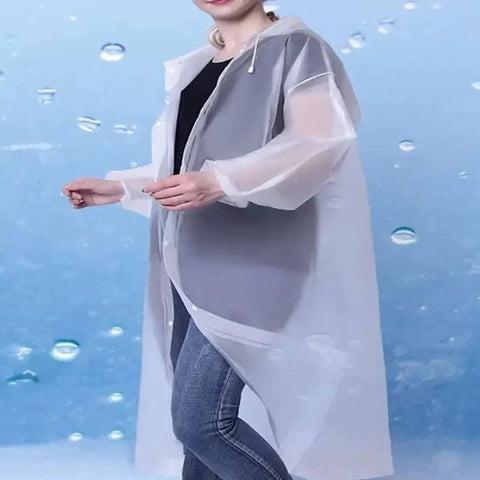 Person wearing a transparent raincoat over a dark outfit with a blue background