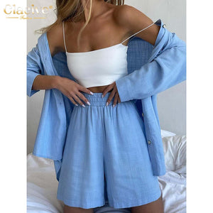 Elegant Loose High Waist Shorts Set Long Sleeve Blouse Two Piece Set